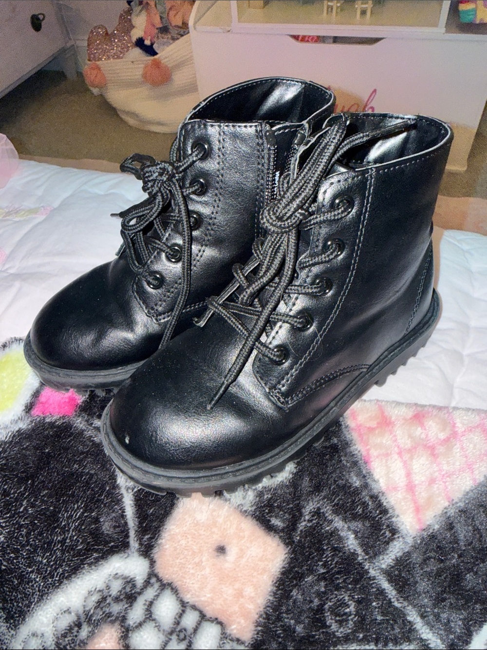 Kids Black Lace-Up Combat Boots